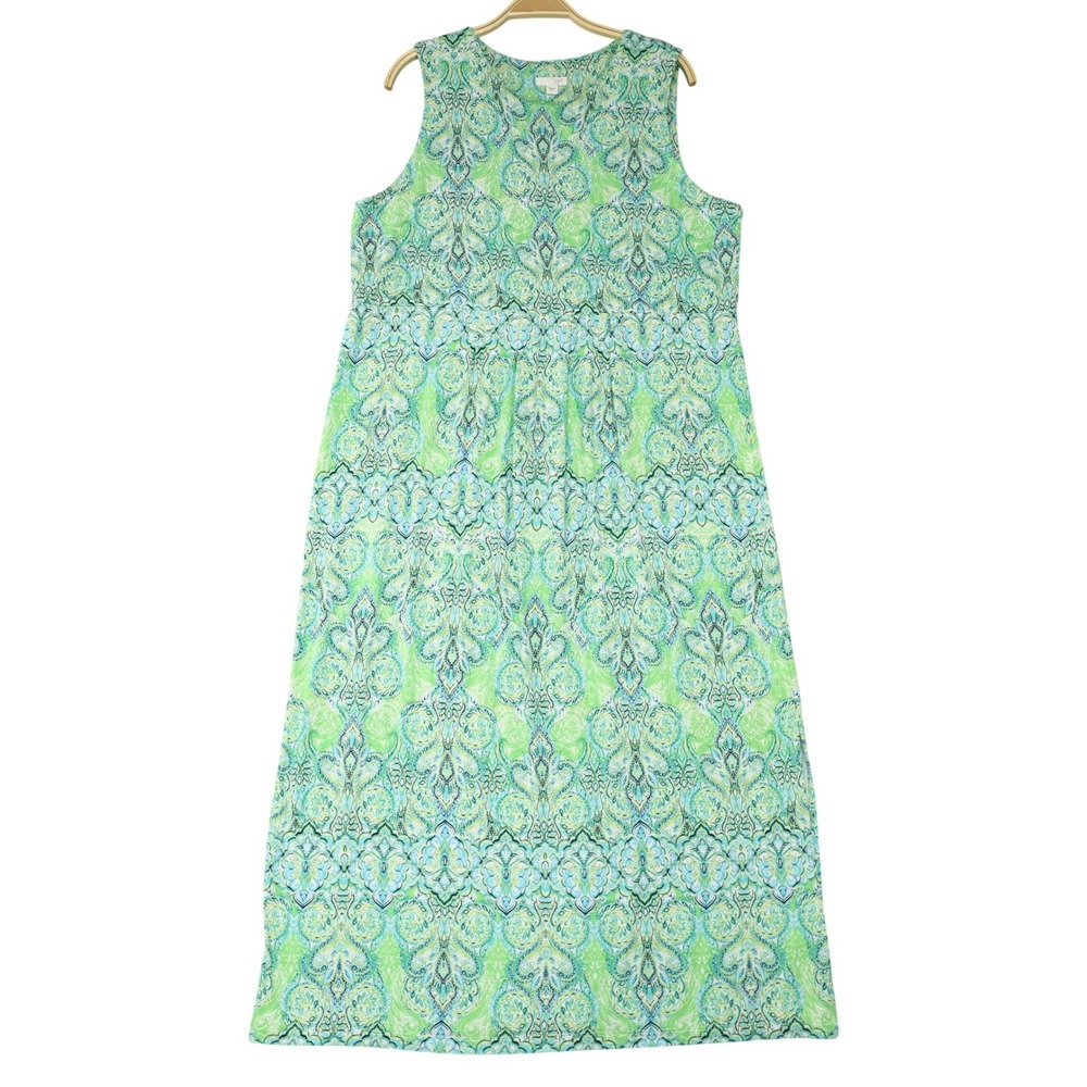 J. Jill Paisley Sleeveless Maxi Tank Dress L Green Stretch Jersey Boho Beach